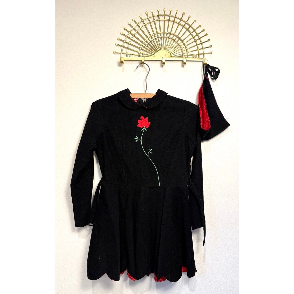 Vintage Scandinavian Black Corduroy Rose Dress with Hat